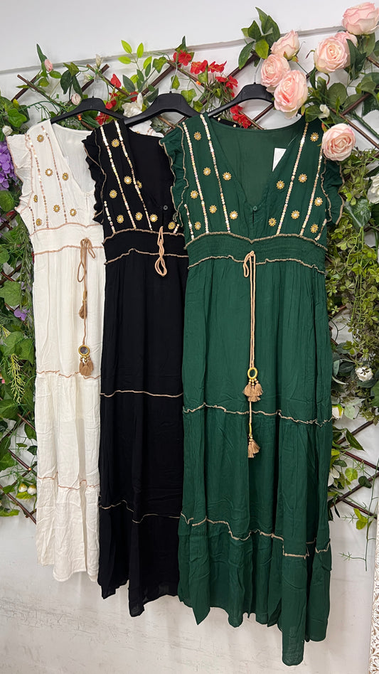 Vestido Boho Bordados Dorados