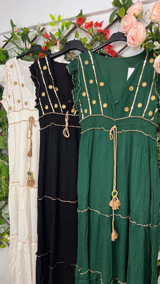 Vestido Boho Bordados Dorados